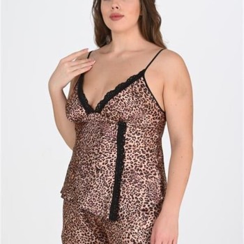 Arias Closet Büyük Beden Leopar Desenli Dantel İşlemeli Saten Şortlu Gecelik Takımı