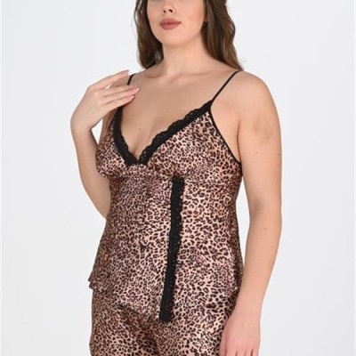 Arias Closet Büyük Beden Leopar Desenli Dantel İşlemeli Saten Şortlu Gecelik Takımı