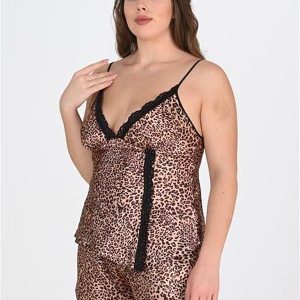 Arias Closet Büyük Beden Leopar Desenli Dantel İşlemeli Saten Şortlu Gecelik Takımı