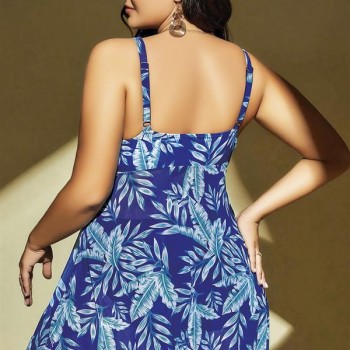 Arias Closet Büyük Beden Mavi Üstüne Yaprak Desenli Yırtmaçlı Gecelik