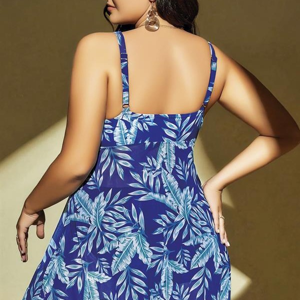 Arias Closet Büyük Beden Mavi Üstüne Yaprak Desenli Yırtmaçlı Gecelik