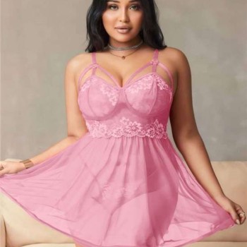 Arias Closet Büyük Beden Pembe Dantel İşlemeli Göğüs Detaylı Tül Gecelik