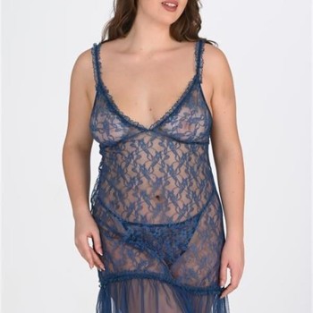 Arias Closet Büyük Beden Petrol Mavisi Dantel İşlemeli Tül Gecelik