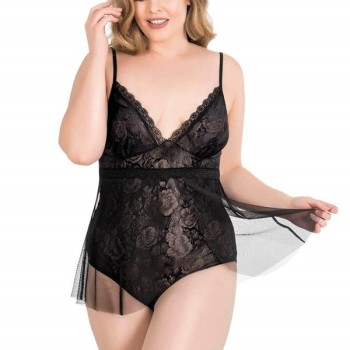 Arias Closet Büyük Beden Siyah Bodysuit Jakarlı Gecelik