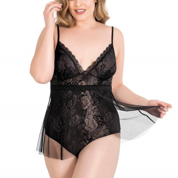 Arias Closet Büyük Beden Siyah Bodysuit Jakarlı Gecelik