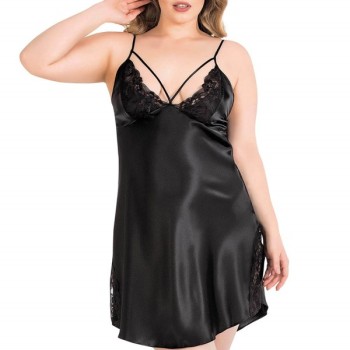 Arias Closet Büyük Beden Siyah Kısa İkili Saten Sabahlık Gecelik Takımı 6151