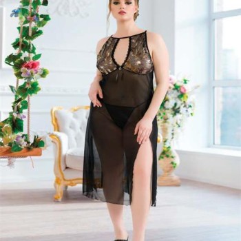 Arias Closet Büyük Beden Siyah Tül Fantezi Uzun Yırtmaçlı Gecelik
