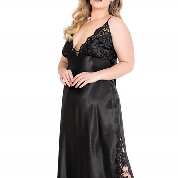 Aria's Closet Büyük Beden Siyah Uzun İkili Saten Sabahlık Gecelik Takımı