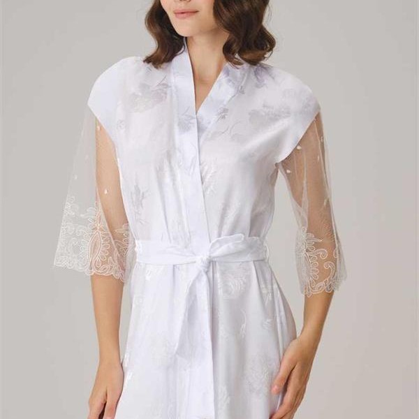 Arias Closet Çeyizlik Uzun Kol V Yaka Saten Düz Yazlık Mini Dantel Detaylı Sabahlık