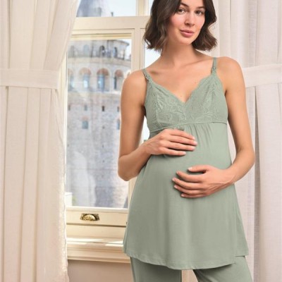 Arias Closet Çiçek Ve Yaprak Desenli Dantelli Hamile Lohusa 3'Lü Pijama Takımı