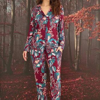 Arias Closet Çiçek Ve Yaprak Desenli Önü Düğmeli Pijama Takımı