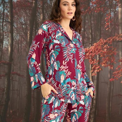 Arias Closet Çiçek Ve Yaprak Desenli Önü Düğmeli Pijama Takımı