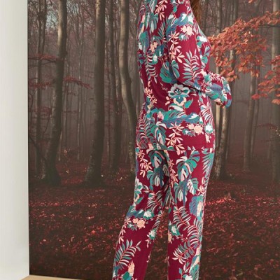 Arias Closet Çiçek Ve Yaprak Desenli Önü Düğmeli Pijama Takımı