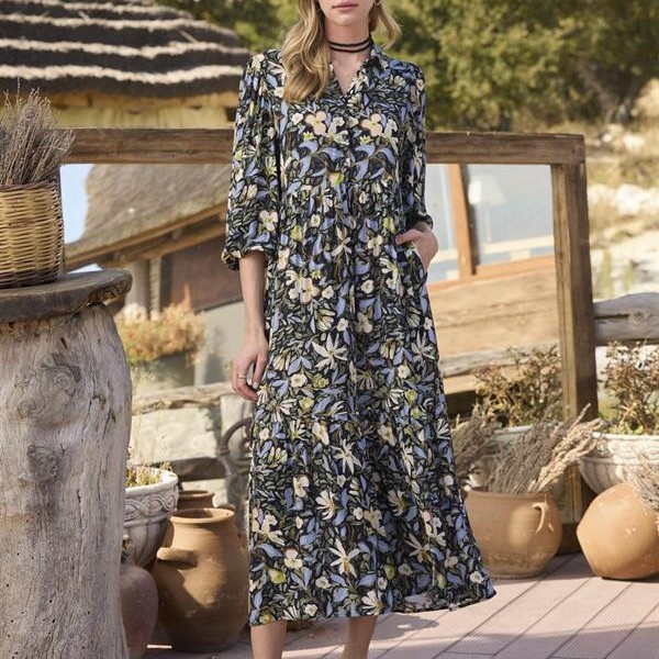 Arias Closet Çiçek Ve Yaprak Desenli Truvakar Kollu Elbise