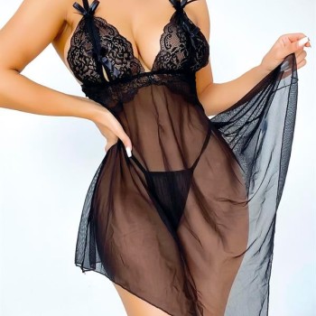 Arias Closet Dantel İşlemeli Kurdelalı Fantezi Siyah Gecelik Takımı