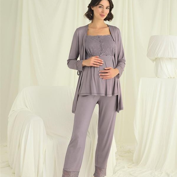 Arias Closet Dantelli Önü Düğmeli Hamile Lohusa 3'Lü Pijama Takımı