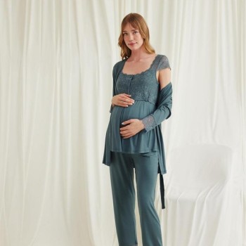 Arias Closet Dantelli Önü Düğmeli Hamile Lohusa 3'Lü Viskon Pijama Takımı