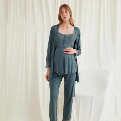 Arias Closet Dantelli Önü Düğmeli Hamile Lohusa 3'Lü Viskon Pijama Takımı