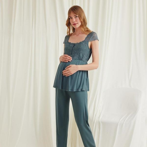 Arias Closet Dantelli Önü Düğmeli Hamile Lohusa 3'Lü Viskon Pijama Takımı