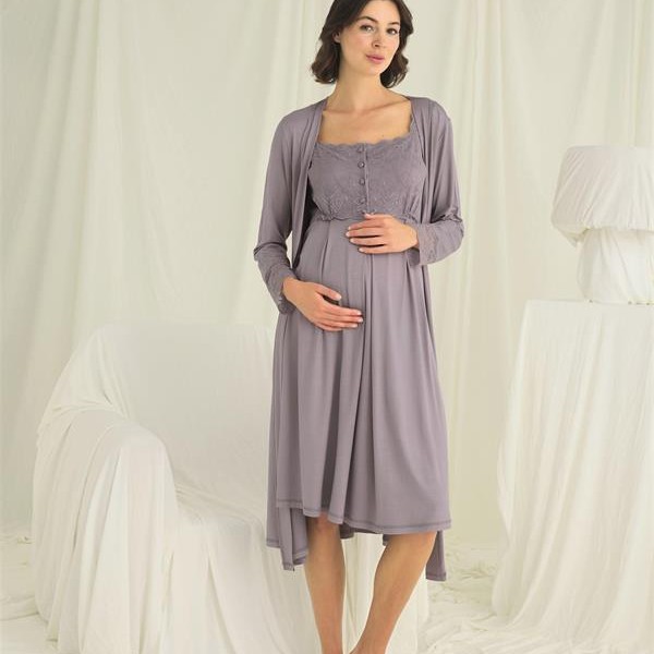 Arias Closet Dantelli Önü Düğmeli Hamile Lohusa Sabahlık Takımı