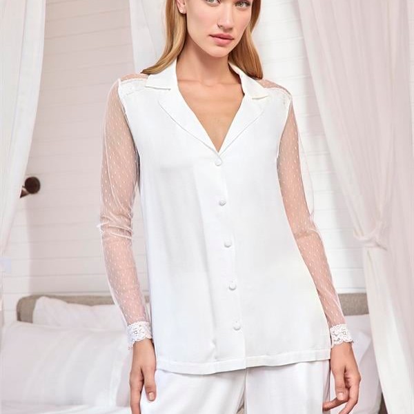 Arias Closet Dantelli Ve Tüllü Uzun Kollu Önü Düğmeli Saten Pijama Takımı