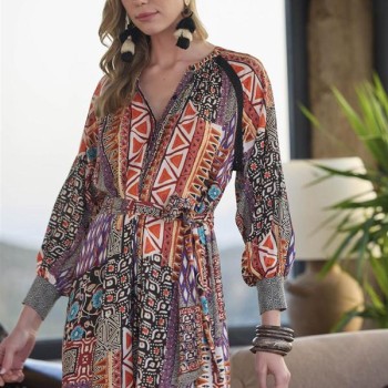 Arias Closet Etnik Desenli Kuşaklı Elbise