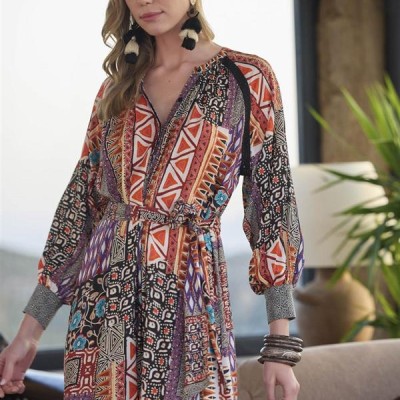 Arias Closet Etnik Desenli Kuşaklı Elbise