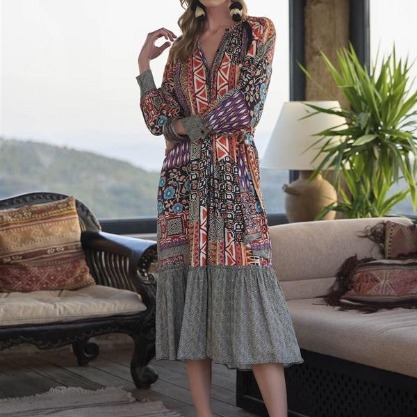 Arias Closet Etnik Desenli Kuşaklı Elbise
