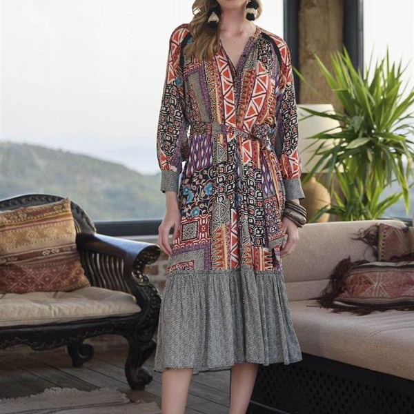 Arias Closet Etnik Desenli Kuşaklı Elbise