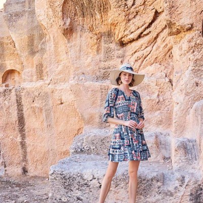 Arias Closet Etnik Desenli Truvakar Kollu V Yaka Elbise