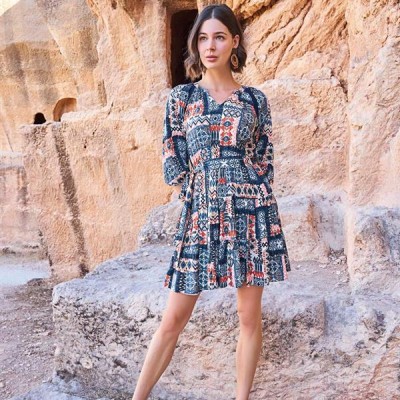 Arias Closet Etnik Desenli Truvakar Kollu V Yaka Elbise