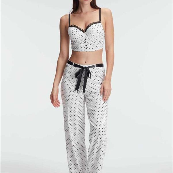 Arias Closet Fantezi Bralet Sütyen Pamuklu Puantiye Desenli Desteksiz Dantel Detaylı Pijama Takımı