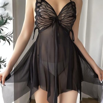 Arias Closet Göğüs Kelebek Detaylı Fantezi Tül Siyah Gecelik