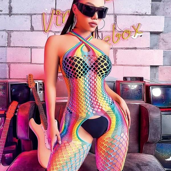 Arias Closet Gökkuşağı Desenli Fileli Fantezi Vücut Çorabı