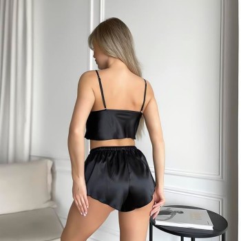 Arias Closet İnce Askılı Siyah Saten Şortlu Takım