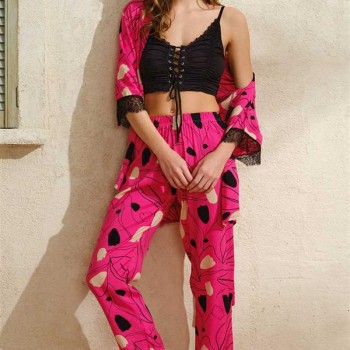 Arias Closet İp Askılı V Yaka Çiçek Desenli Yazlık Uzun İp Detaylı Pijama Altı Sabahlık Takımı
