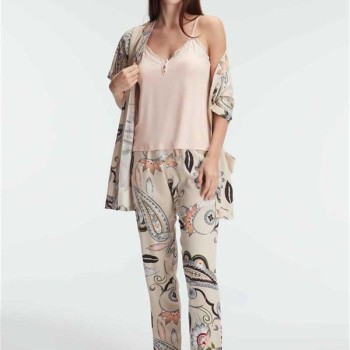 Arias Closet İp Askılı V Yaka Viskon Çiçek Desenli Yazlık Dantel Detaylı Pijama Sabahlık Takımı