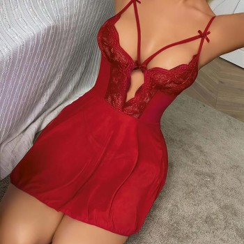 Arias Closet Kırmızı Dantel İşlemeli Göğüs İp Detaylı Fantezi Tül Gecelik Takımı