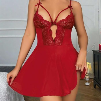 Arias Closet Kırmızı Dantel İşlemeli Göğüs İp Detaylı Fantezi Tül Gecelik Takımı