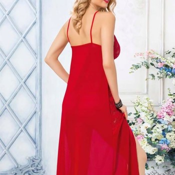 Arias Closet Kırmızı Dantel İşlemeli Yırtmaçlı Fantezi Uzun Gecelik