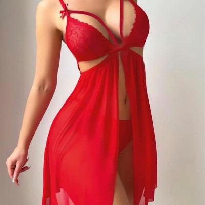 Arias Closet Kırmızı Göğüs İp Detaylı Dantel İşlemeli Tül Gecelik