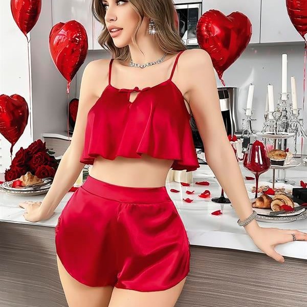 Arias Closet Kırmızı İnce Askılı Kurdelalı Saten Şortlu Takım