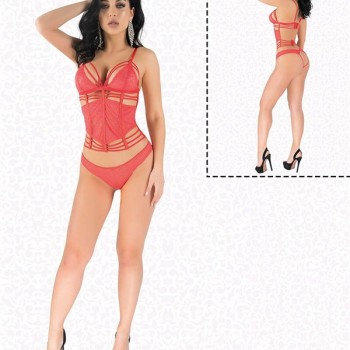 Arias Closet Kırmızı Simli Dantel Büstiyer Takım