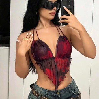 Arias Closet Kırmızı Siyah Desenli İnce Askılı Üçgen Kesim Crop