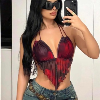 Arias Closet Kırmızı Siyah Desenli İnce Askılı Üçgen Kesim Crop