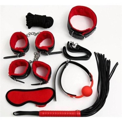 Arias Closet Kırmızı/Siyah İçi Tüylü Deri 7'Li Harness Set