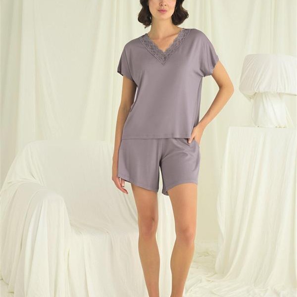 Arias Closet Kısa Kollu Dantelli V Yaka Şort Takımı