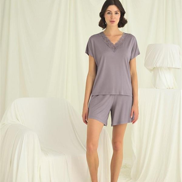 Arias Closet Kısa Kollu Dantelli V Yaka Şort Takımı