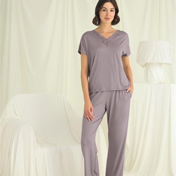 Arias Closet Kısa Kollu V Yakalı Dantelli Pijama Takımı