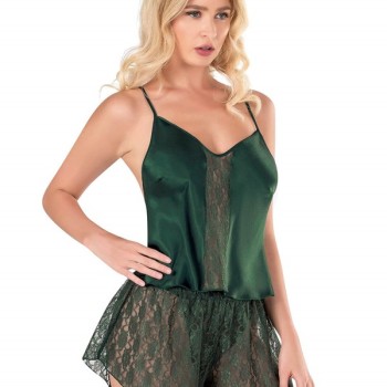 Arias Closet Koyu Yeşil Saten Babydoll Şort Takımı